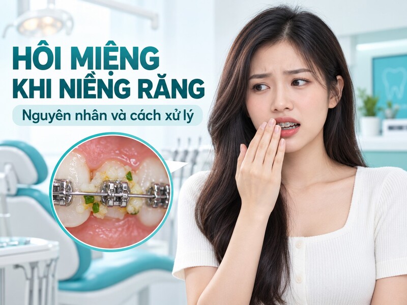 Thức ăn và mảng bám quanh khí cụ là nguyên nhân thường gặp khiến hơi thở có mùi khi niềng răng.