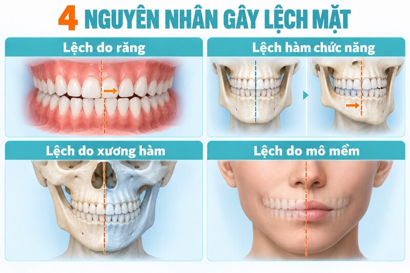 Bốn nguyên nhân gây lệch mặt do răng, khớp cắn, xương hàm và mô mềm