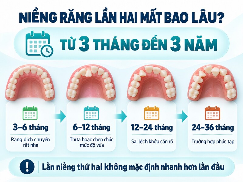 Thời gian thực tế còn phụ thuộc vào phạm vi điều trị, khả năng đáp ứng của xương, loại khí cụ, lịch tái khám và mức độ tuân thủ hướng dẫn.