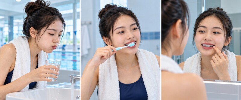 Súc miệng bằng nước sạch, vệ sinh mắc cài và kiểm tra khí cụ sau khi bơi.