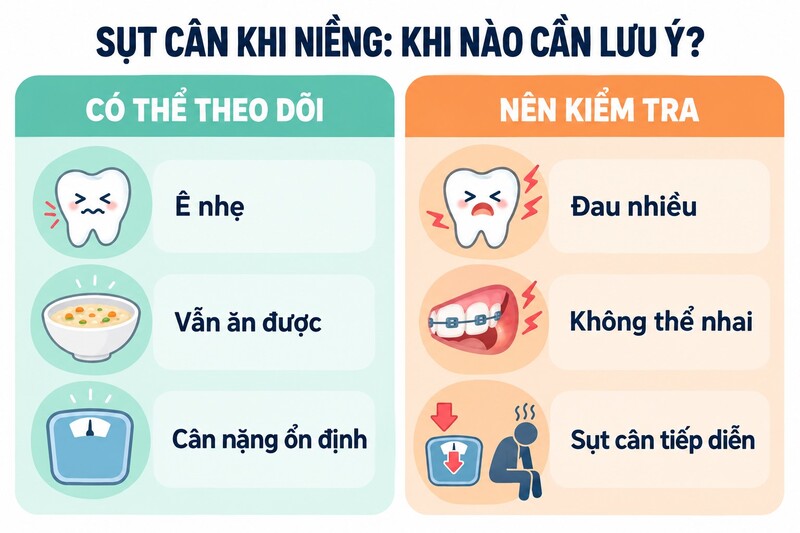 Người niềng nên đi kiểm tra nếu đau làm ảnh hưởng ăn uống hoặc cân nặng tiếp tục giảm.