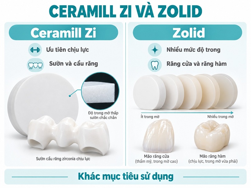 Ceramill Zi ưu tiên độ bền; Zolid có nhiều lựa chọn cân bằng giữa thẩm mỹ và chịu lực.