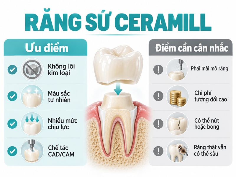 Ceramill có ưu điểm về thẩm mỹ và vật liệu nhưng không loại bỏ hoàn toàn rủi ro của bọc mão.
