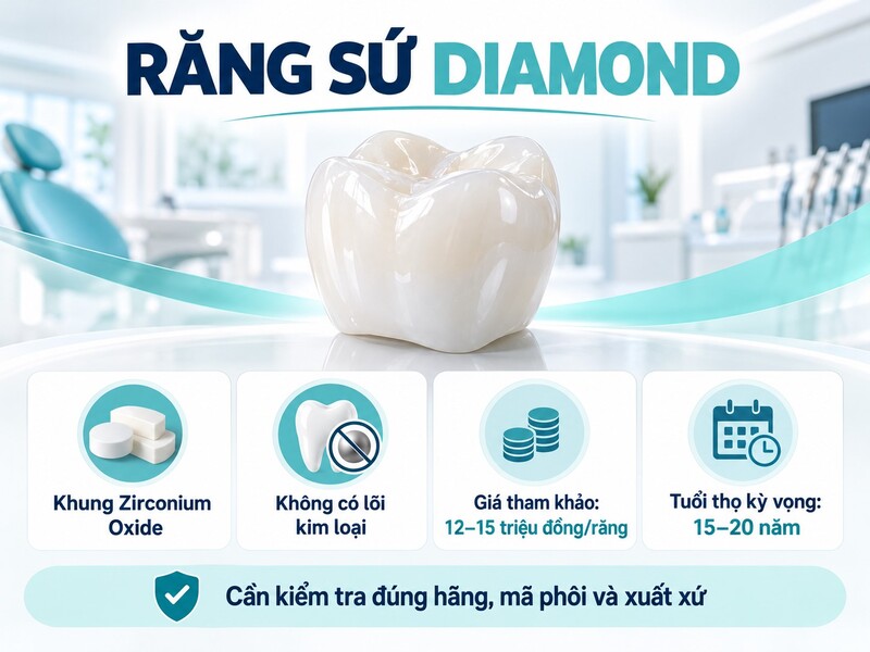 Răng sứ Diamond giá 12 đến 15 triệu đồng và tuổi thọ kỳ vọng 15 đến 20 năm