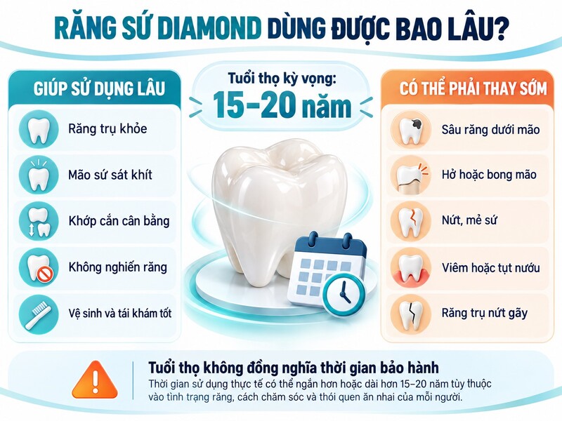 Các yếu tố quyết định tuổi thọ răng sứ Diamond