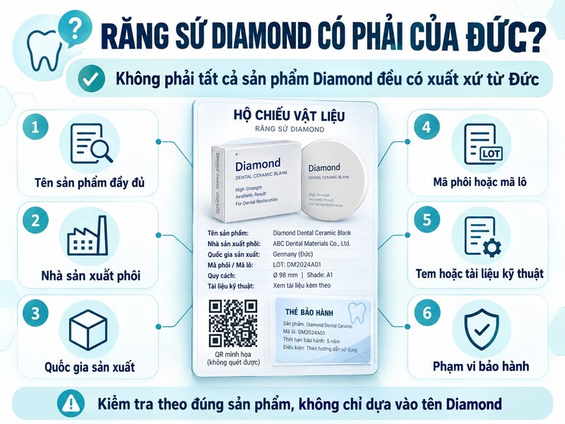 Cách kiểm tra nhà sản xuất mã phôi và xuất xứ răng sứ Diamond