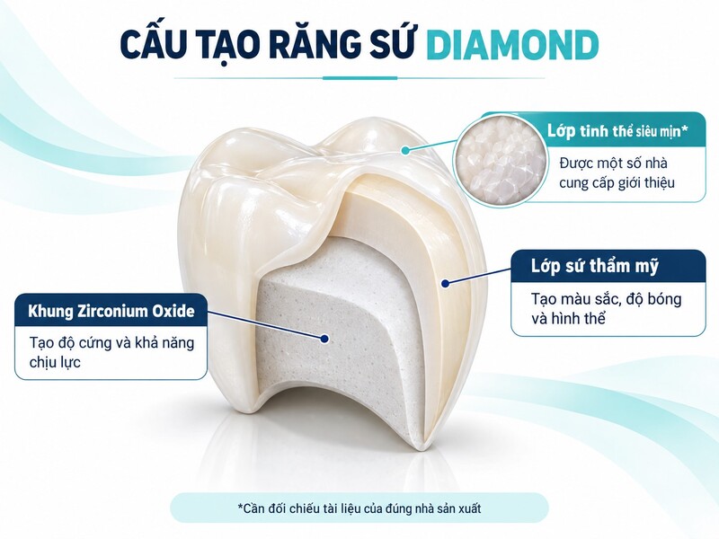 Cấu tạo răng sứ Diamond với khung Zirconium Oxide và lớp sứ thẩm mỹ