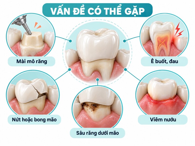 Rủi ro phụ thuộc vào chỉ định, răng trụ, khớp cắn và kỹ thuật phục hình.