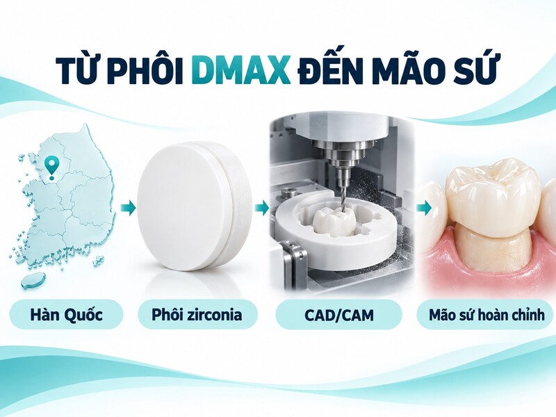 DMAX cung cấp phôi zirconia; mão sứ hoàn chỉnh được labo thiết kế riêng theo từng răng.