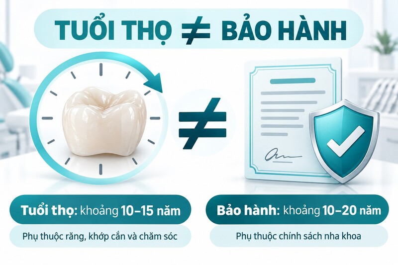 Phân biệt tuổi thọ 10–15 năm và bảo hành 10–20 năm của răng sứ Lava