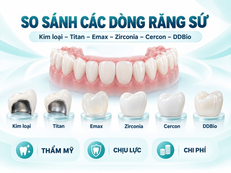So sánh răng sứ kim loại Titan Emax Zirconia Cercon và DDBio