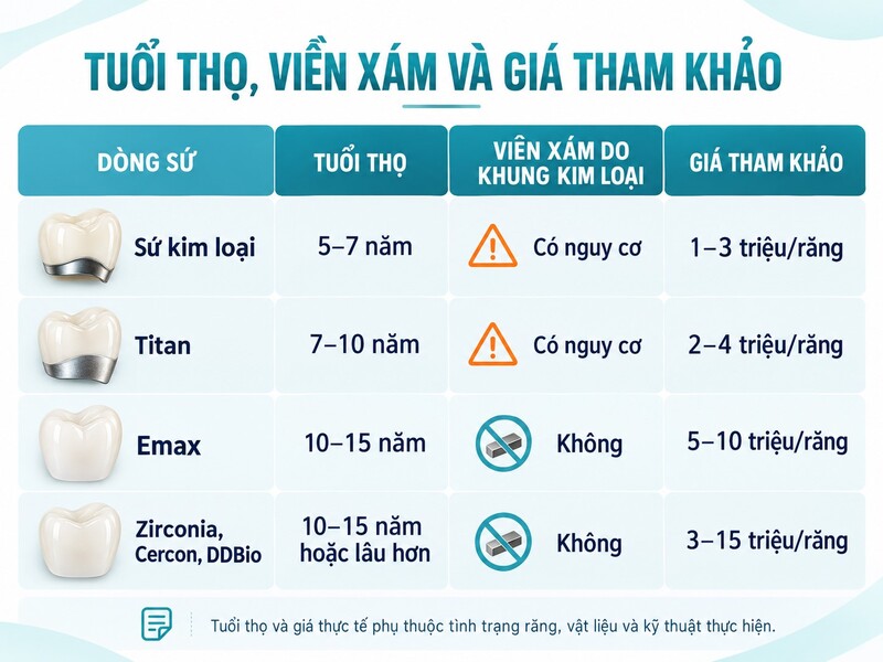 Tuổi thọ nguy cơ viền xám và giá các dòng răng sứ