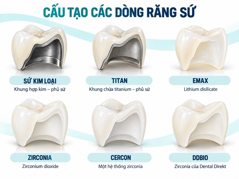 Cấu tạo răng sứ kim loại Titan Emax Zirconia Cercon và DDBio